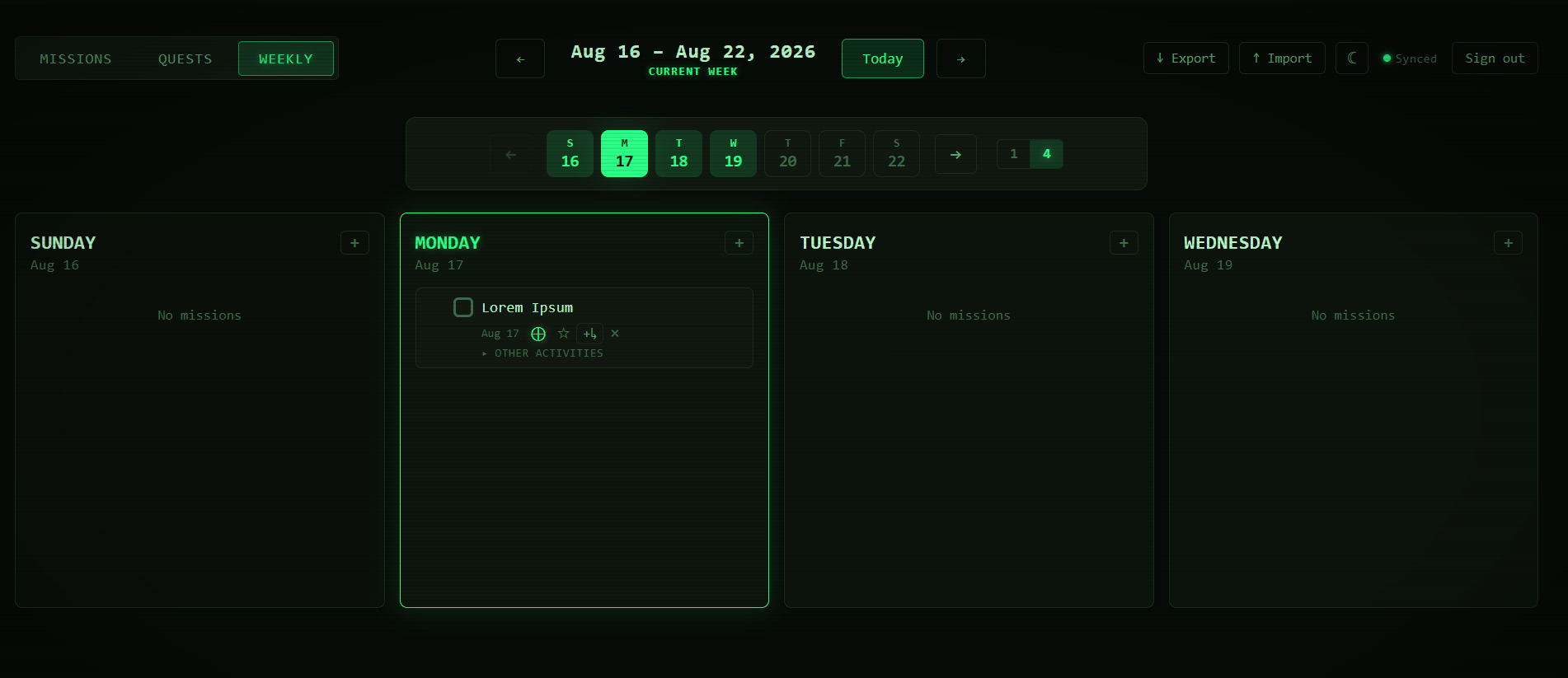 The MISSIONS weekly view: a selected week shown as one column per day, with a day picker above and a task card on Monday carrying its checkbox, date and quick actions.